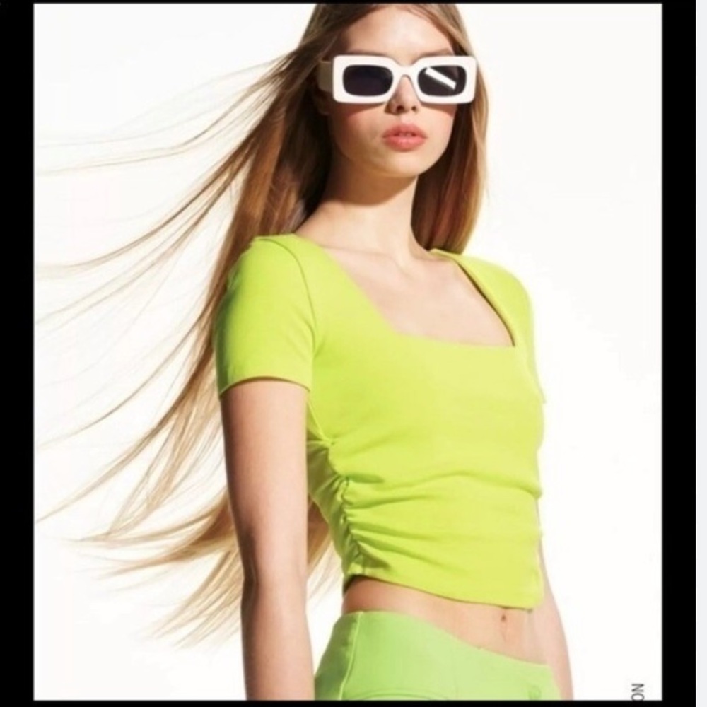 NWT ZARA SIDE RUCHED CROP TOP SQUARE NECKLINE in LIME GREEN sz M
